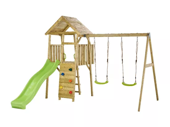 KANGUI Aire de jeux portique en bois WOODI - Double balançoire, toboggan, mur d'escalade, cabane, échelle