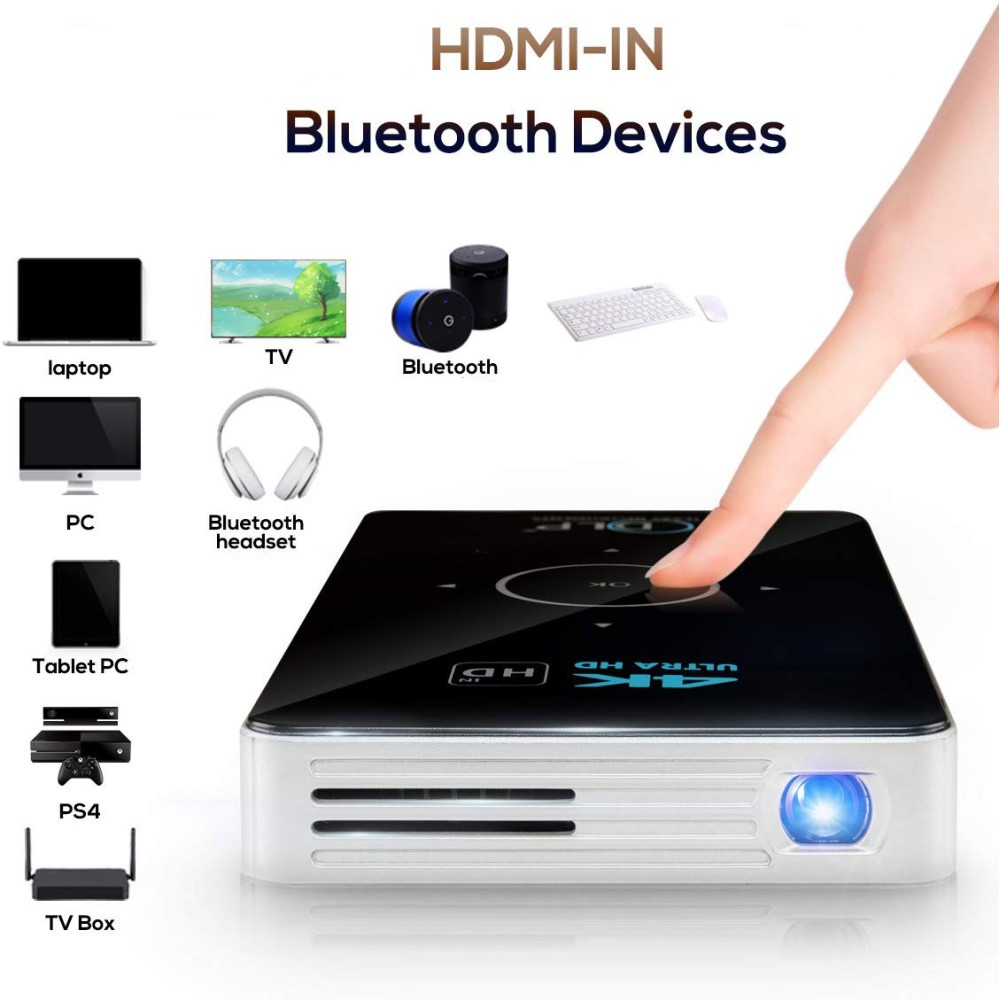 Mini DLP LED Projektor 1080p 4K Full-HD Support Outdoor Beamer (1500LM) mit Android / HDMI / MicroSD / WiFi / Bluetooth / Apple Airplay   Akku