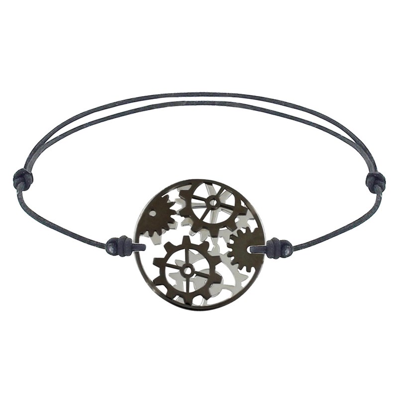 Bracelet Lien Homme Rouages Médaille Réversible Argent et Ruthénium - Gris