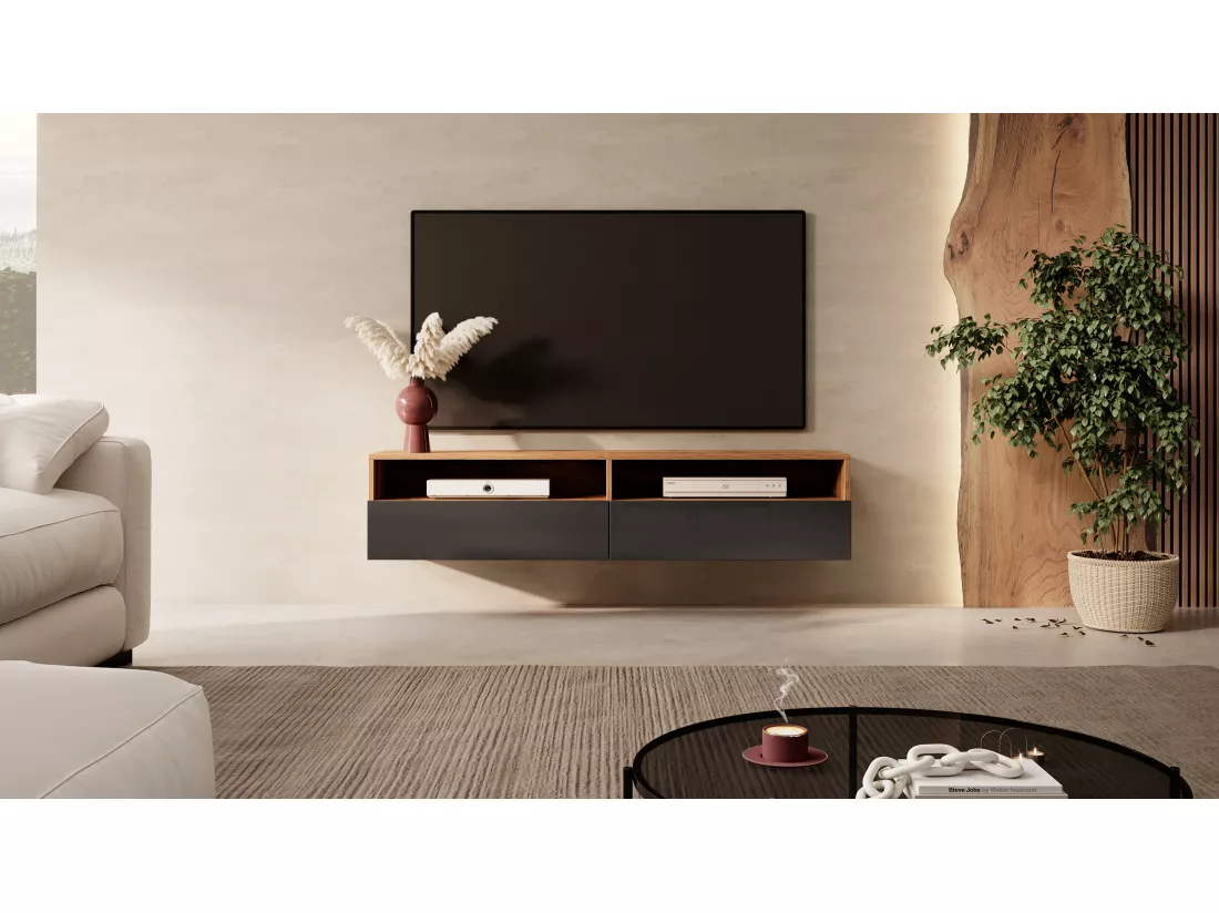 Meuble TV - 140 cm - chêne wotan / noir brillant - REDNAW