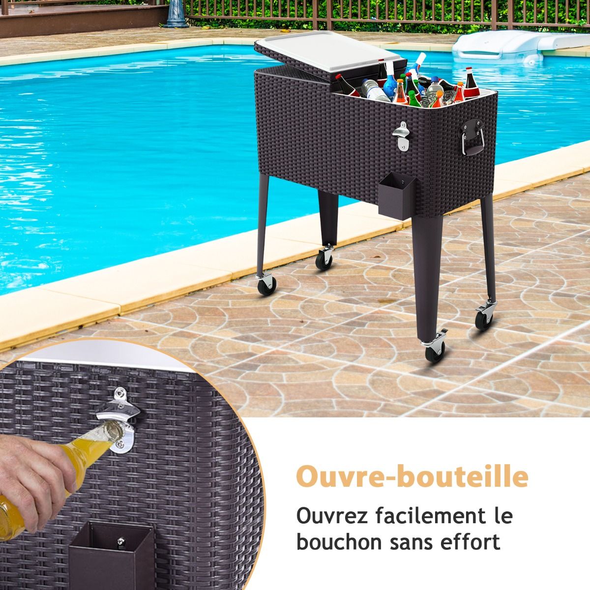 Glacière à Roues Verrouillables 76L Dessert de Glace avec Décapsuleur et Réceptacle à Capsules en PP de haute alimentaire Garder au Frais 72h 83 x 48 x 87 CM - Lidl-Manfred