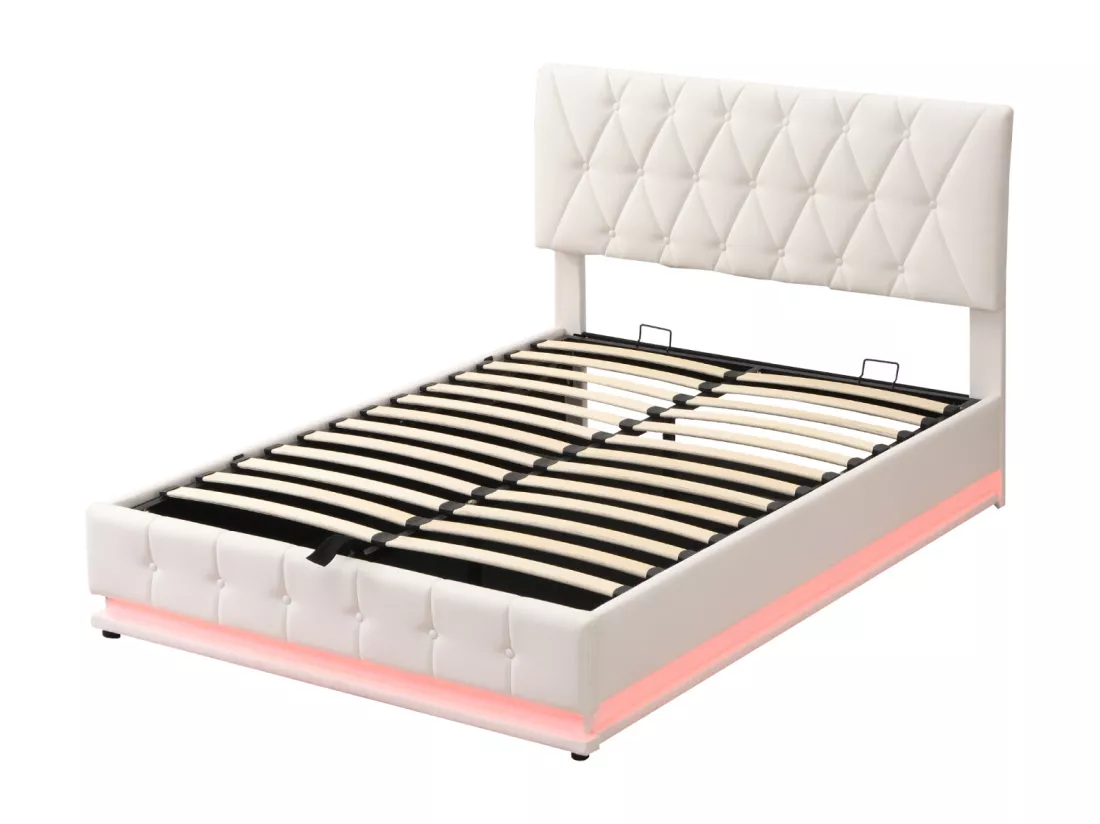 Lit coffre 140x200 cm avec tête de lit diamant, éclairage LED et coffre de lit, relevage hydraulique, sommier à lattes, lit adulte style contemporain, simili cuir - Blanc