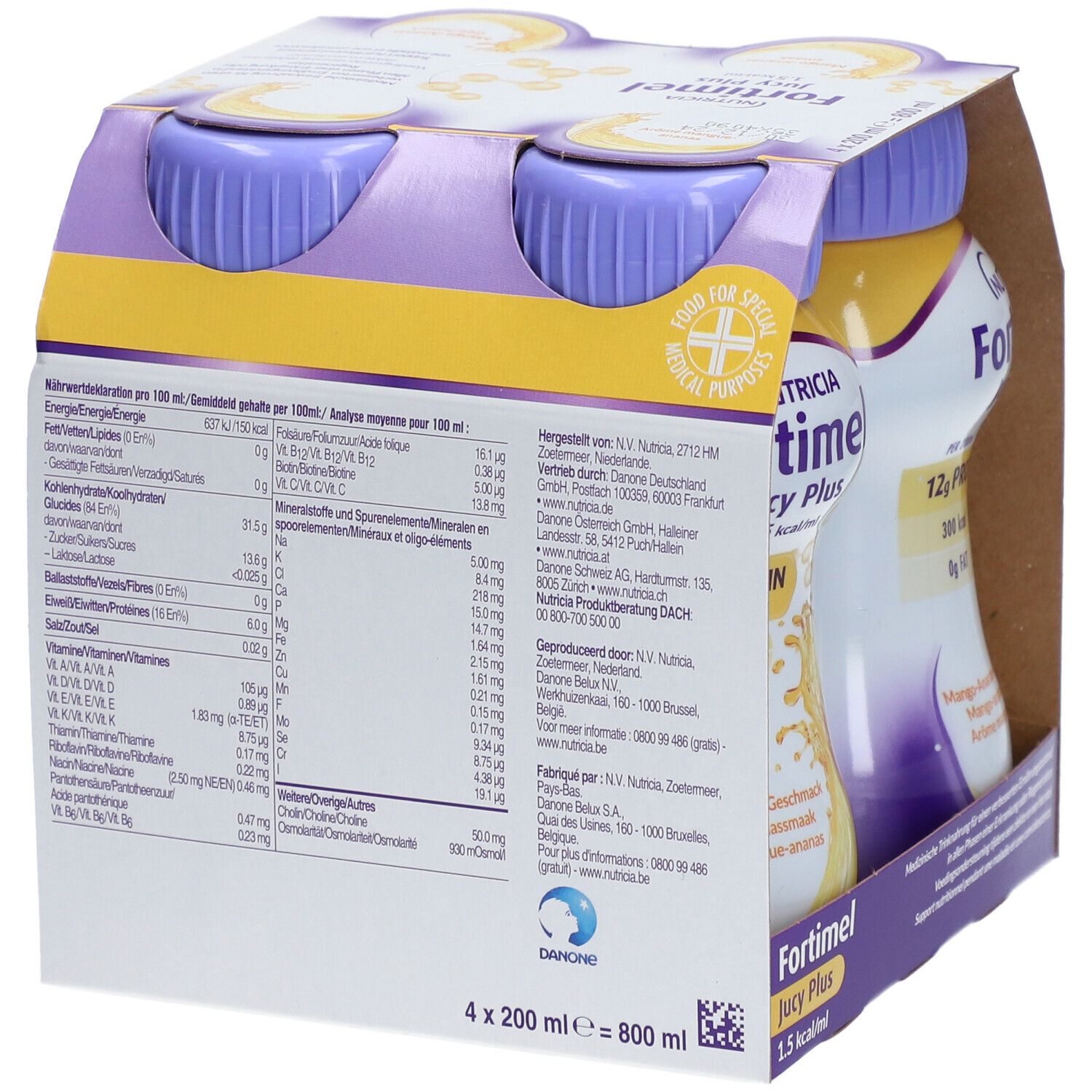 Fortimel® Jucy Plus Mango-Ananas – Hochkalorische Trinknahrung mit vielen wichtigen Nährstoffen – 300 kcal und 12 g Eiweiß pro Flasche