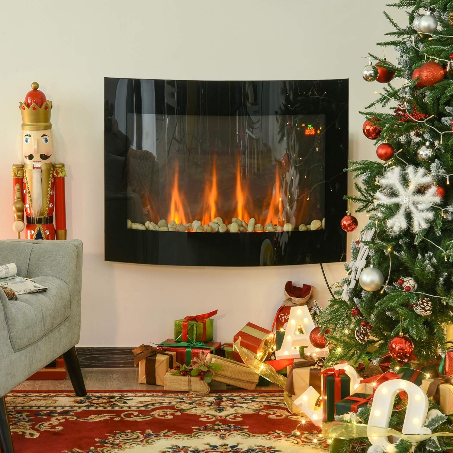 HOMCOM Elektrokamin Kamin Kaminofen Elektrischer 2 Leistungsstufen einstellbar 900/1800 W LED 65 x 11,4 x 52 cm Edelstahl Schwarz