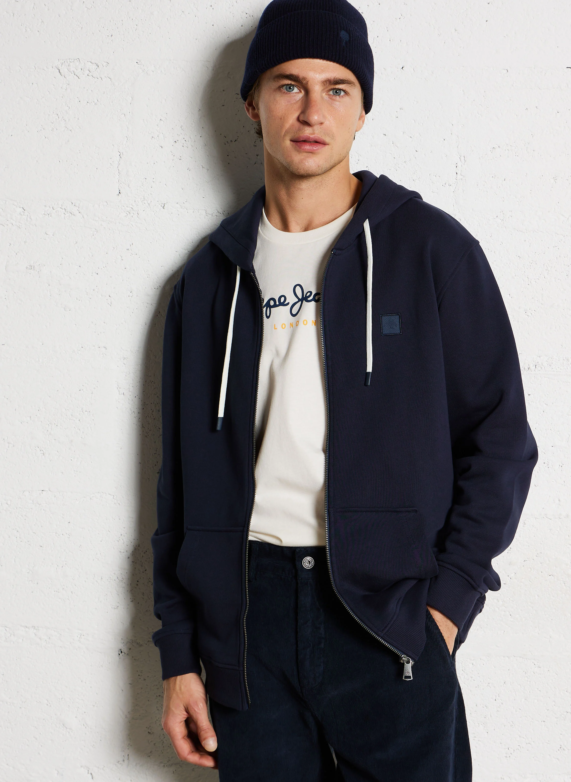 Sweat zippé à capuche en coton| Bleu