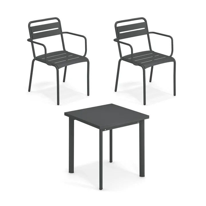 Emu - Star Outdoor Tisch 70 x 70 cm   Armlehnstuhl (2er-Set), antikeisen