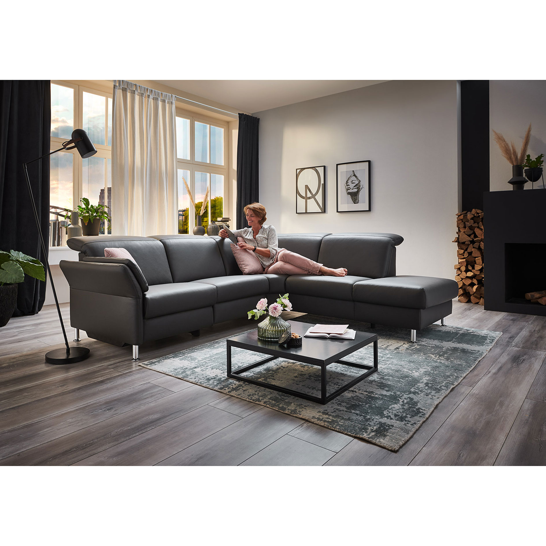 polsterpower Ledersofa - anthrazit - Basismodell - Anstellhocker rechts