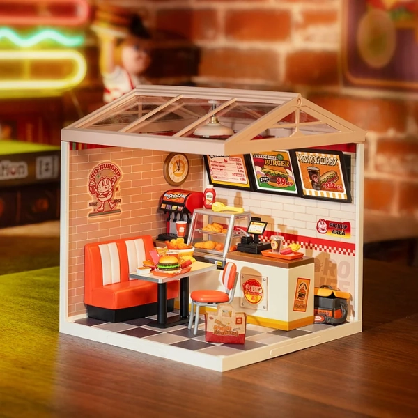 (110-tlg. Set) Rolife Super Store Modell Bausatz DIY Miniatur Restaurant für Smiski Figuren (DW010) - Yum Yum Burgers