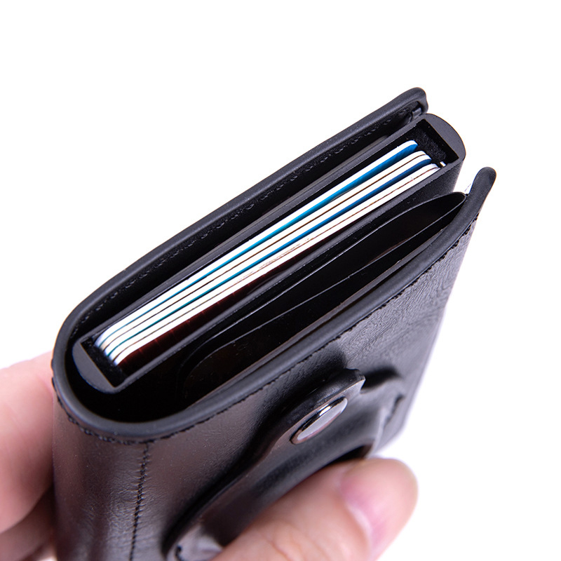 Apple AirTag Wallet Mini Kreditkarten Portemonnaie Leder Geldbörse mit Kartenauswurf-Mechanismus für 10 Karten - Schwarz (Carbon)