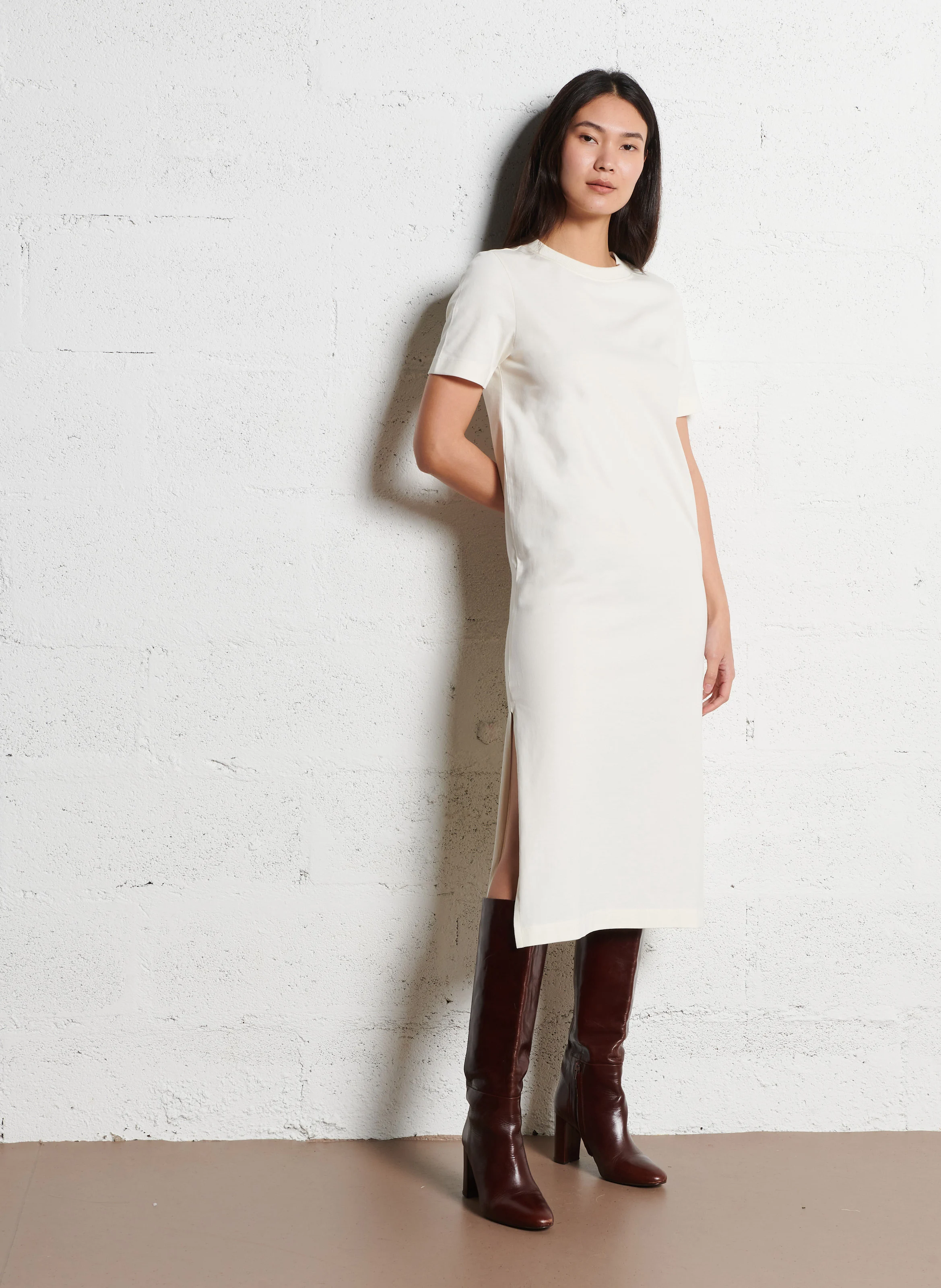 AXEL - Robe longue col rond en coton| Beige