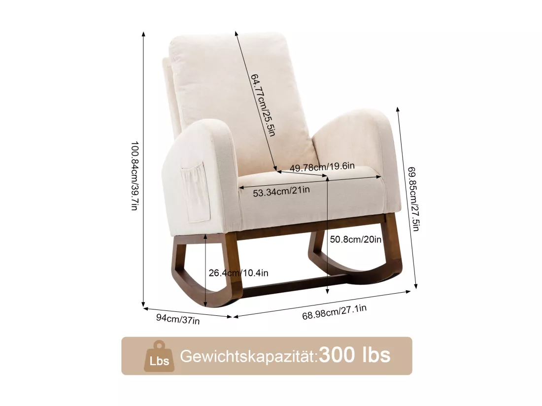 Fauteuil à Bascule - Rocking chair - Dossier Capitonné Pieds en Bois - Style Scandinave - Beige