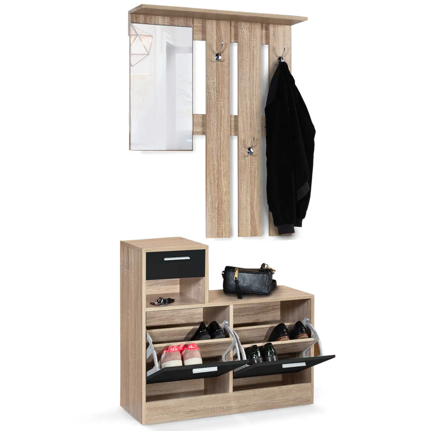 Vestiaire d'entrée avec miroir PAULIN design hêtre portes noires