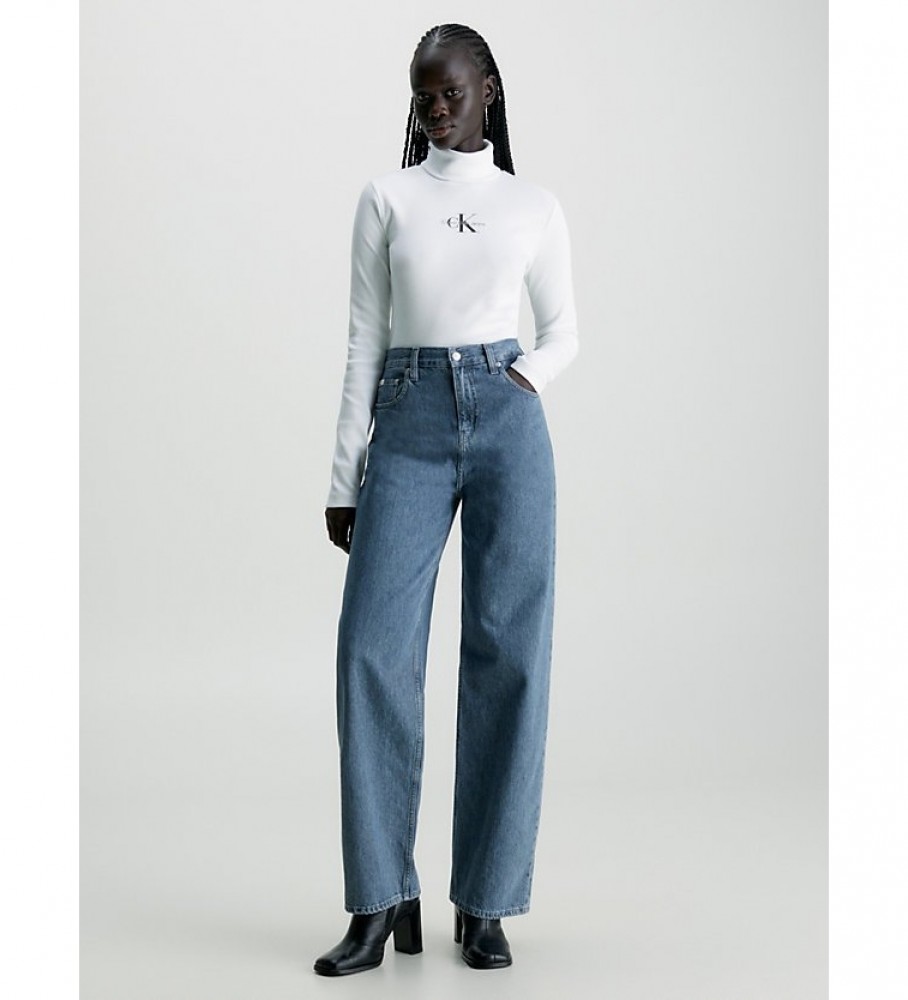 Blusa de gola alta canelada com monograma branco da Calvin Klein Jeans