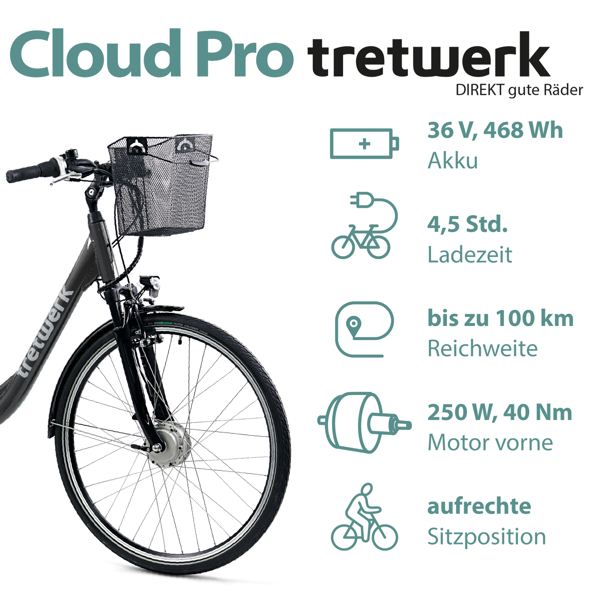 Tretwerk Cloud Pro E Bike Damen 28 Zoll Elektrofahrrad 155 - 175 cm retro Damenfahrrad mit Nabenschaltung