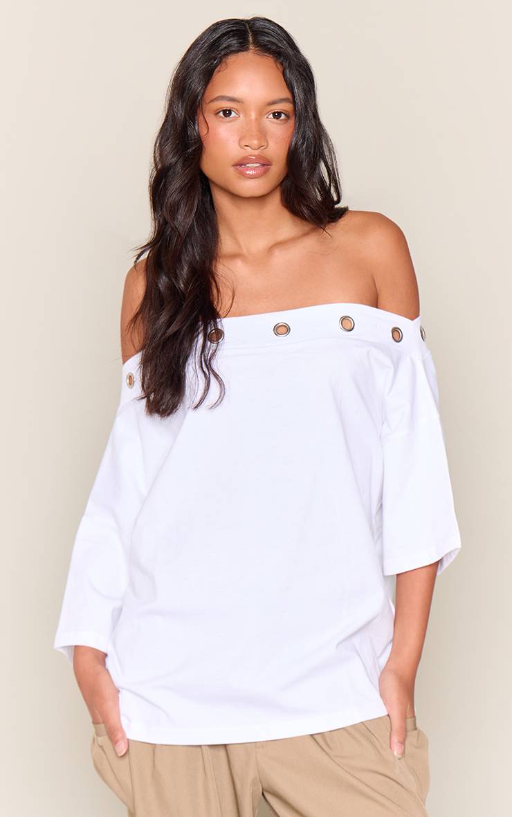 Blanc T-shirt Décontracté Asymétrique En Coton À Œillets Cloutés