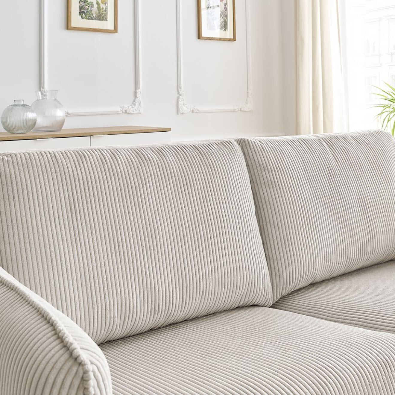Bobochic Canapé droit convertible express en Velours côtelé 3 places Lenny beige - 178x102x89 cm