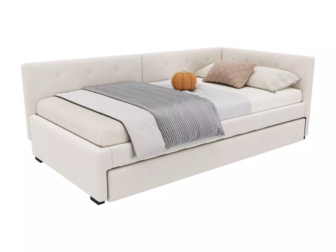 Lit gigogne 140 x 200 cm + 90 x 190 cm avec tête de lit - velours - beige