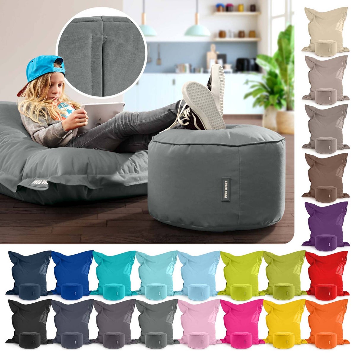 Green Bean 2-delige set XXL zitzak inclusief poef, voorgevuld met EPS-korrels - reuzenzitzak 140x180 lounge zitkussen zitzak - grijs