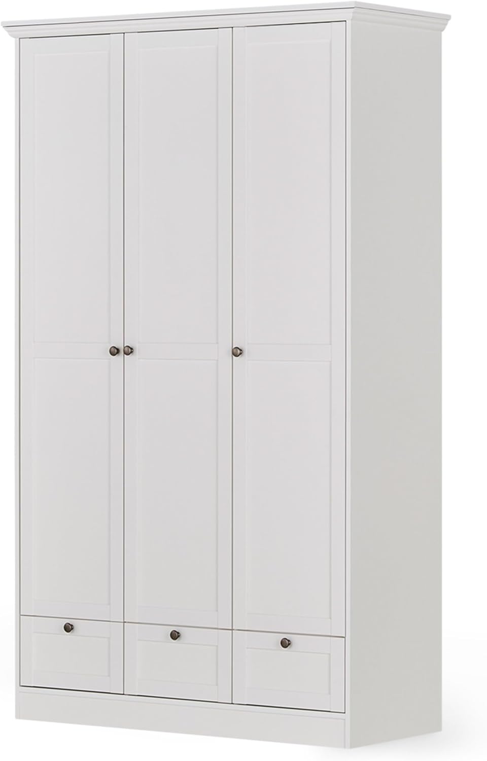 KHG Drehtürenschrank weiß 3 Türen 3 Schubkästen 1 Kleiderstange 5 höhenverstellbare Einlegeböden Sockelgestell Landhaus Stil