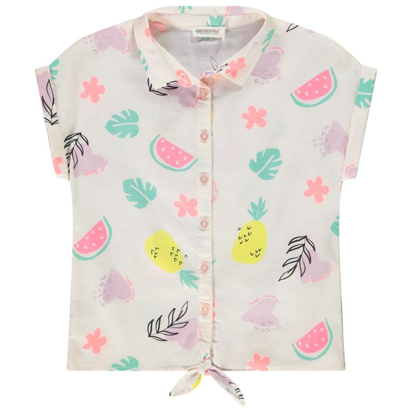 Chemise manches courtes à nouer imprimé fantaisie pour fille - Rose