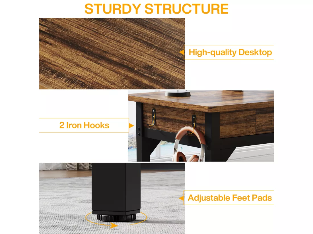 Bureau Informatique, Table d’étude, Double Bureau Long avec 2 Schubladen, 200 x 60 x 82 cm, Marron Rustique