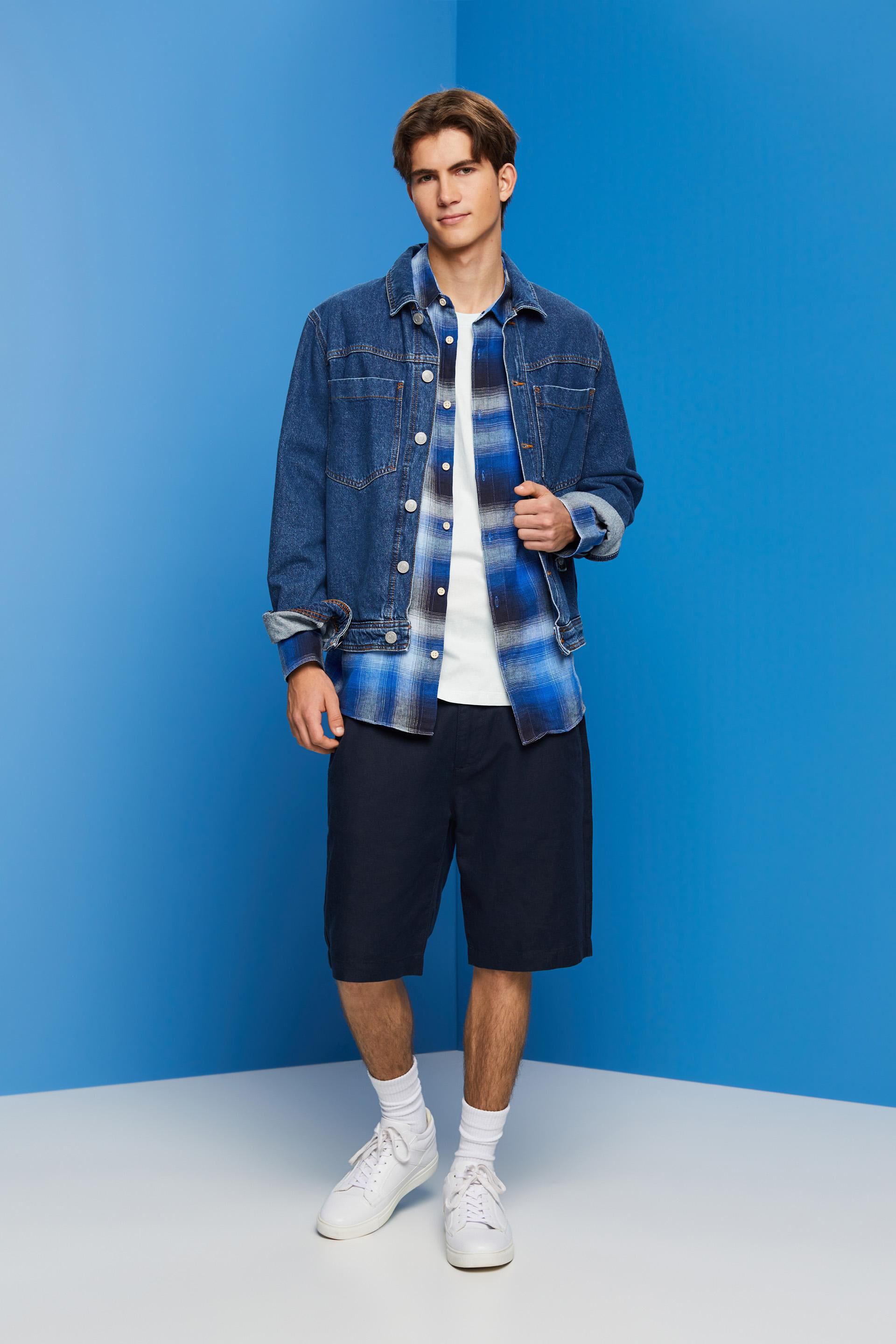Chemise en mélange de coton et chanvre à motif tartan à carreaux