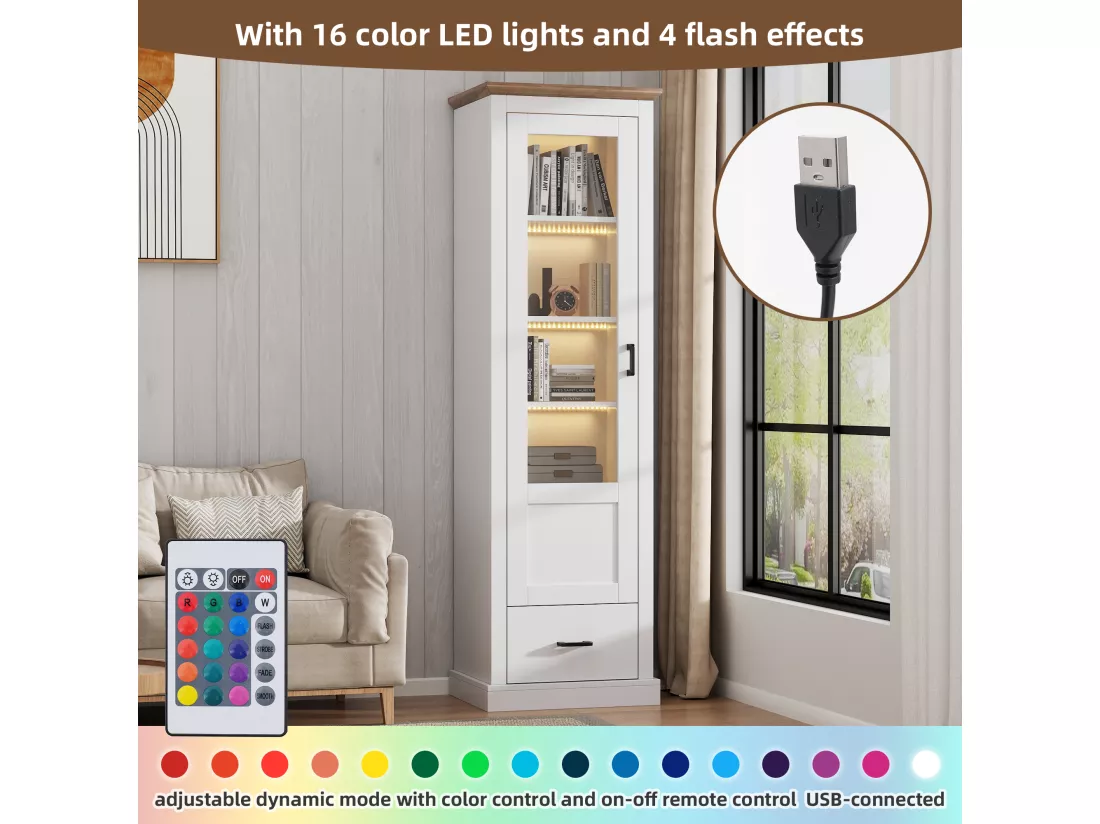 Vitrine avec 1 porte en verre et 1 tiroir - 50 x 35 x 178 cm - LEDs - Panneau de particules et verre - Blanc