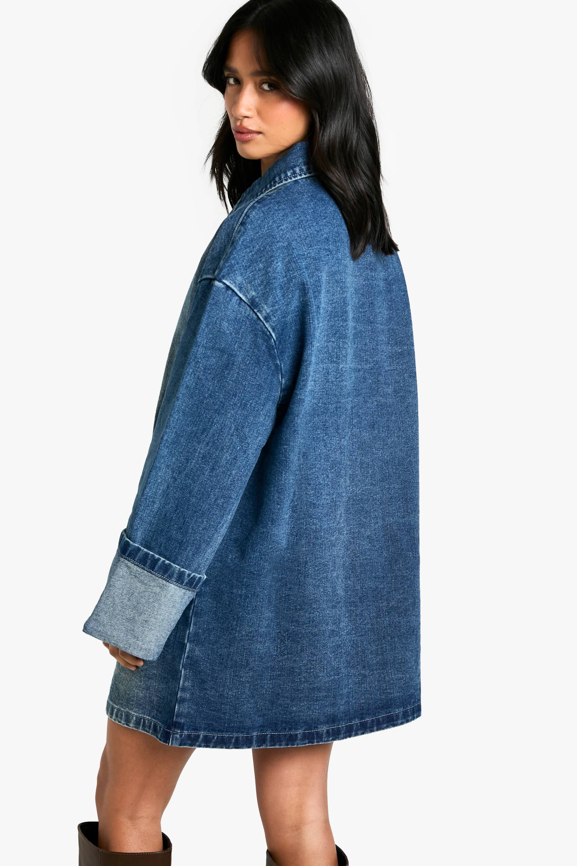boohoo Petite Utility Turn Cuff Denim Oversized Shirt Dress