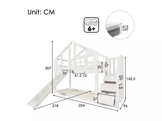Lit superposé pour enfant - avec escalier de rangement et toboggan - lit cabane 2 x 90 x 200 cm - Pin + MDF - Blanc