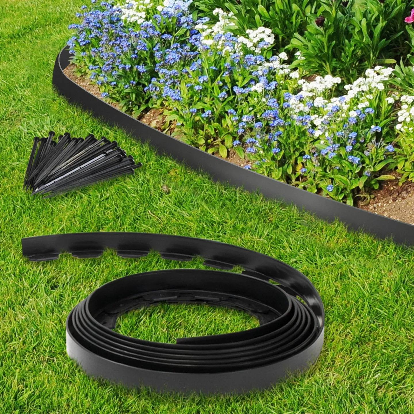 Bordurette de jardin flexible 10 M noire hauteur 5 CM + 30 piquets