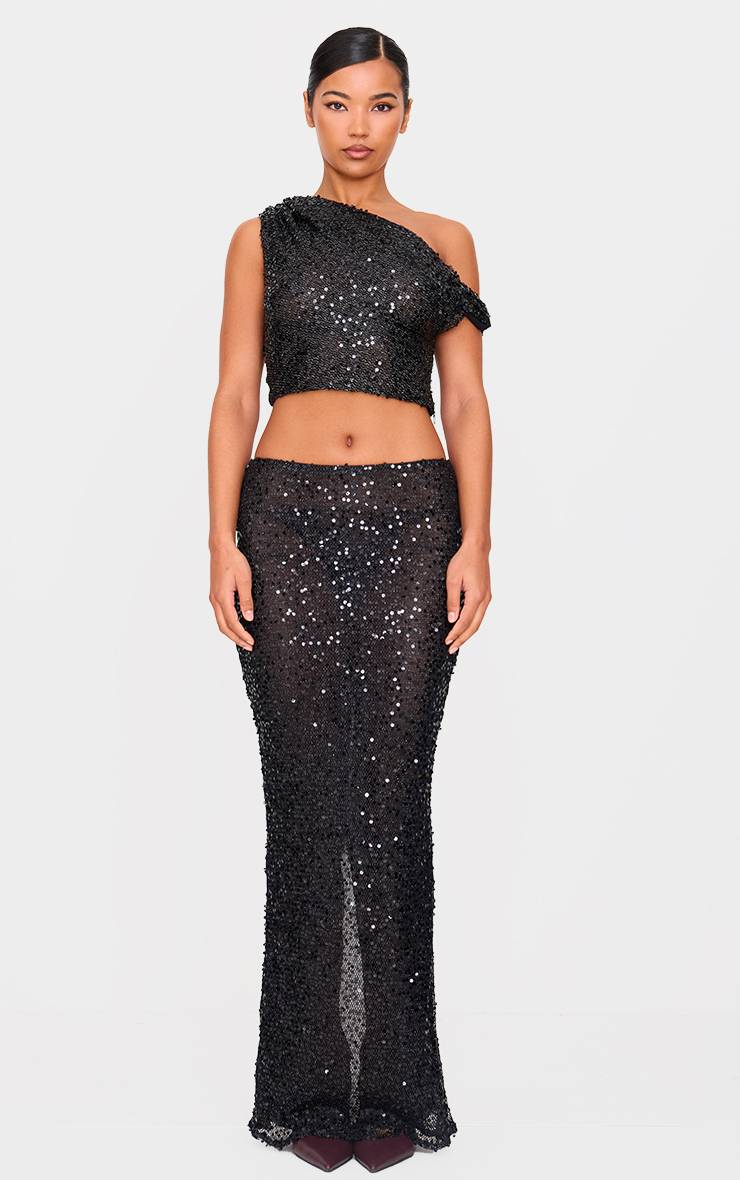 Noir Haut Asymétrique Texturé À Sequins