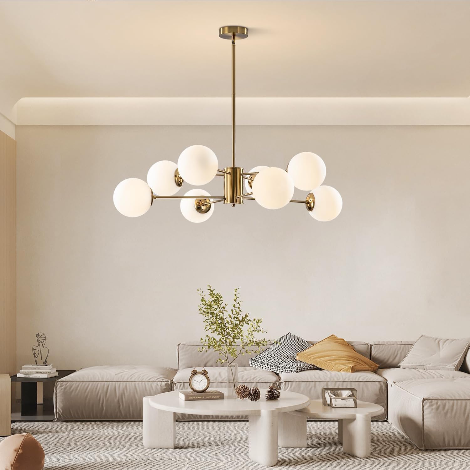KCO Lighting 8-flammiger Sputnik-Kronleuchter aus Weißem Glas, Moderne Goldene Sputnik-Kronleuchter für das Wohnzimmer, Goldene Vintage-Pendelleuchte mit 8 Lichtern für die Kücheninsel