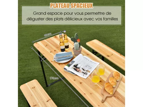 Ensemble Table Pliante et Bancs de Pique-Nique pour 4 personnes, Set de Table et Chaises en Bois pour Camping avec Tubes d'acier Pulvérisé Résistant aux Intempéries