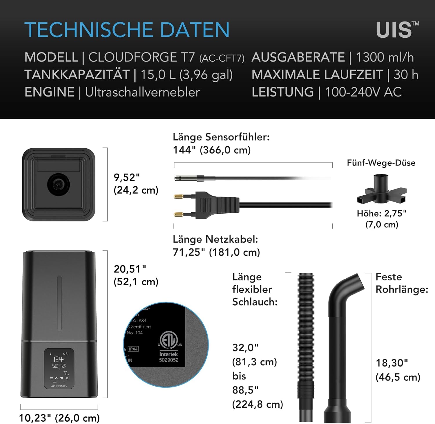 AC Infinity CLOUDFORGE T7 – Pflanzen-Luftbefeuchter 15 L mit VPD-Luftfeuchtigkeitssteuerung, 10-stufigem Präzisionsvernebler, verlängerbarem Auslassschlauch auslaufsicherem Verschluss Grow Zelte