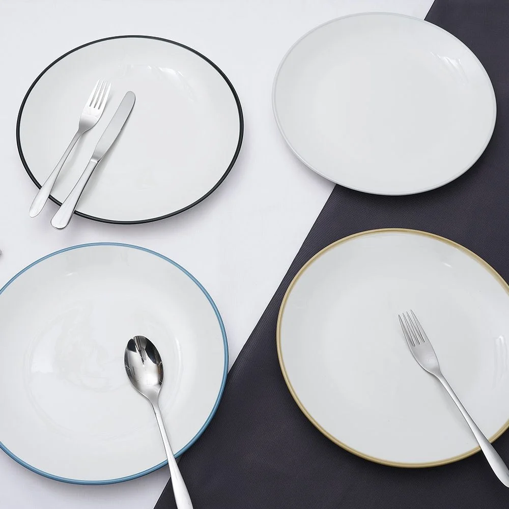 Lot de 4 assiettes plates rondes porcelaine blanche avec liseré coloré