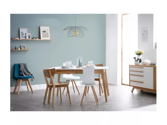 Table extensible rallonges intégrées rectangulaire blanc et bois L140-180 cm MEENA