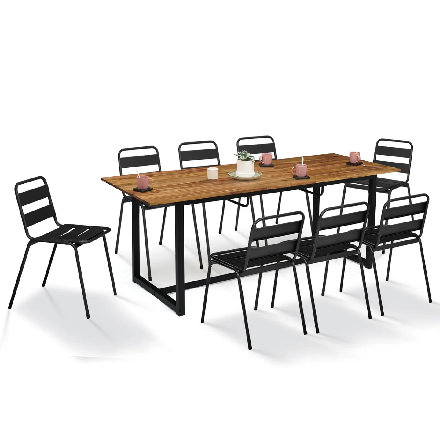 Salon de jardin extensible SOHO 8/10 places table 160/200 cm acier + acacia et 8 chaises empilables noires