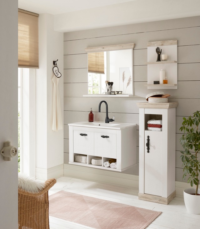 Home affaire Waschtisch »Florenz, Waschbeckenunterschrank inkl. Waschbecken, Metallgriffe« in Pinie Weiss, hängend, Breite 82 cm, inkl. Mineralgussbecken