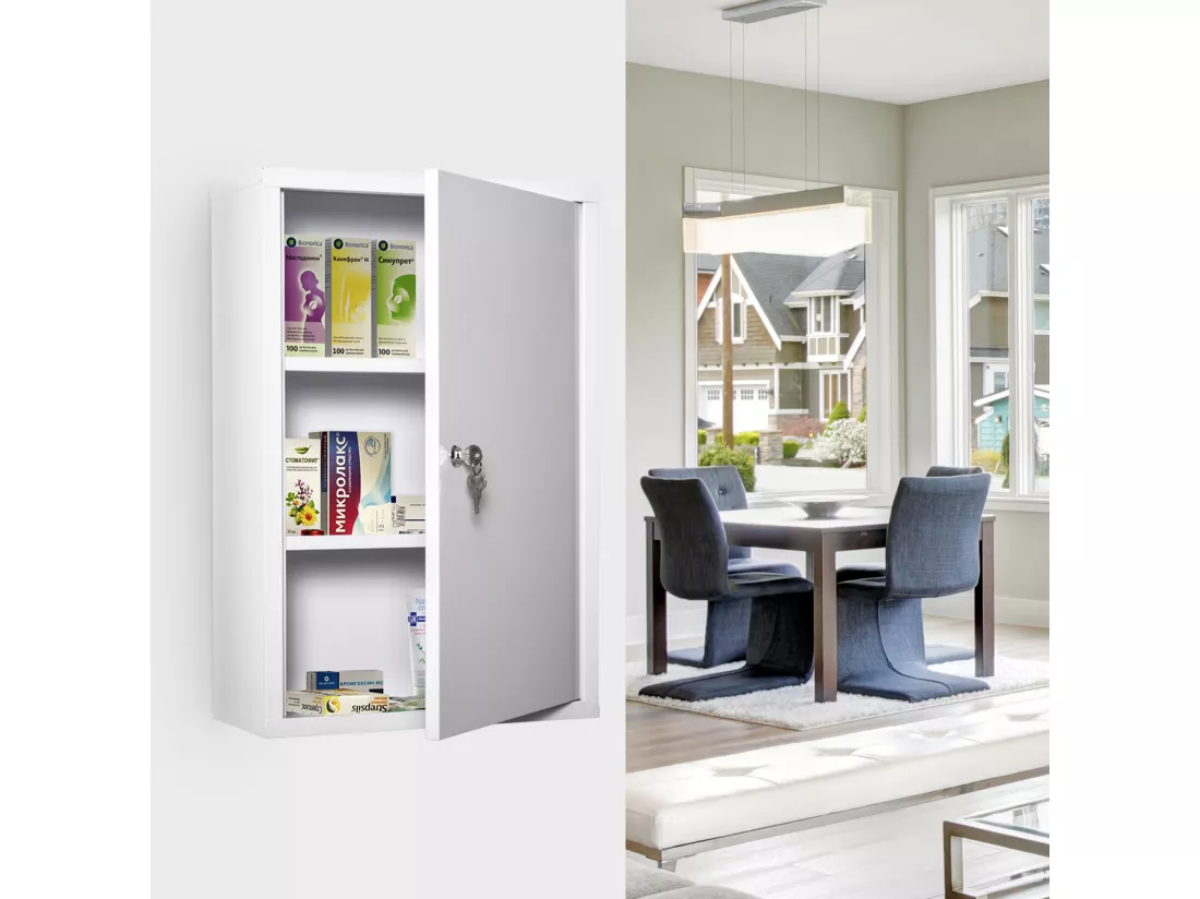 Armoire à pharmacie 2 étagères 3 niveaux verrouillable dim. 40L x 18l x 60H cm 2 clés métal blanc