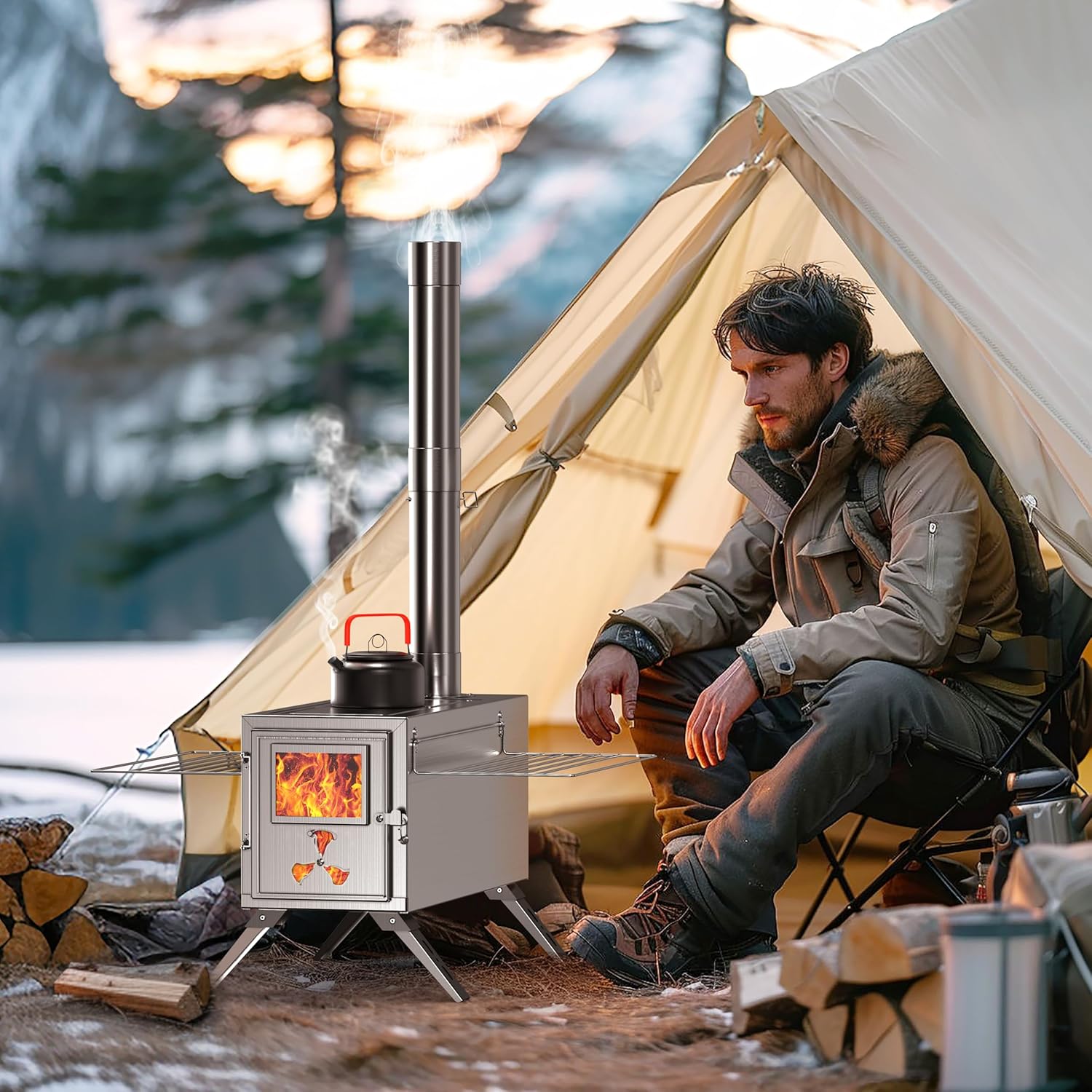Camping Zeltofen mit Schornstein, Edelstahl Holzofen für Zelt, Tragbarer Faltbarer Heißzeltofen mit 7 Kaminrohren für Outdoor, Camping, Kochen, Grillen, Wandern, Angeln, Jagd