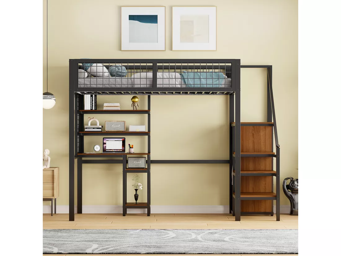 Lit mezzanine 90 x 200 cm en métal avec armoire, éscalier, bureau, étagères de rangement, tout-en-un, noir