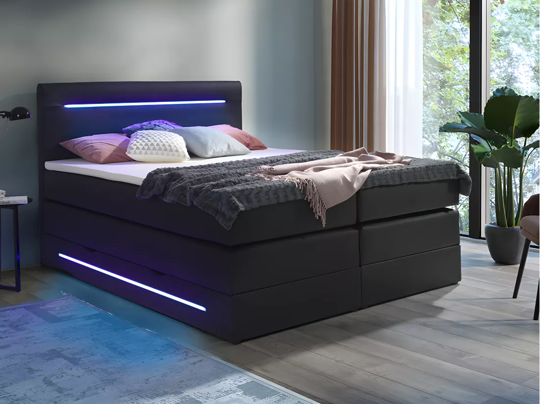 Ensemble complet boxspring tête de lit avec leds + sommiers coffre + matelas + surmatelas - 160 x 200 cm - Simili - Noir - KEROS de YSMÉE