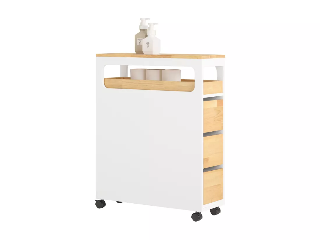 SoBuy Meuble de Rangement Salle de Bain Étroit sur roulettes, Support Papier Toilette, Armoire Toilettes WC Compact, Rangement Polyvalente avec 1 Plateau Amovible et 3 tiroirs, 65x23x82cm, BZR54-WN