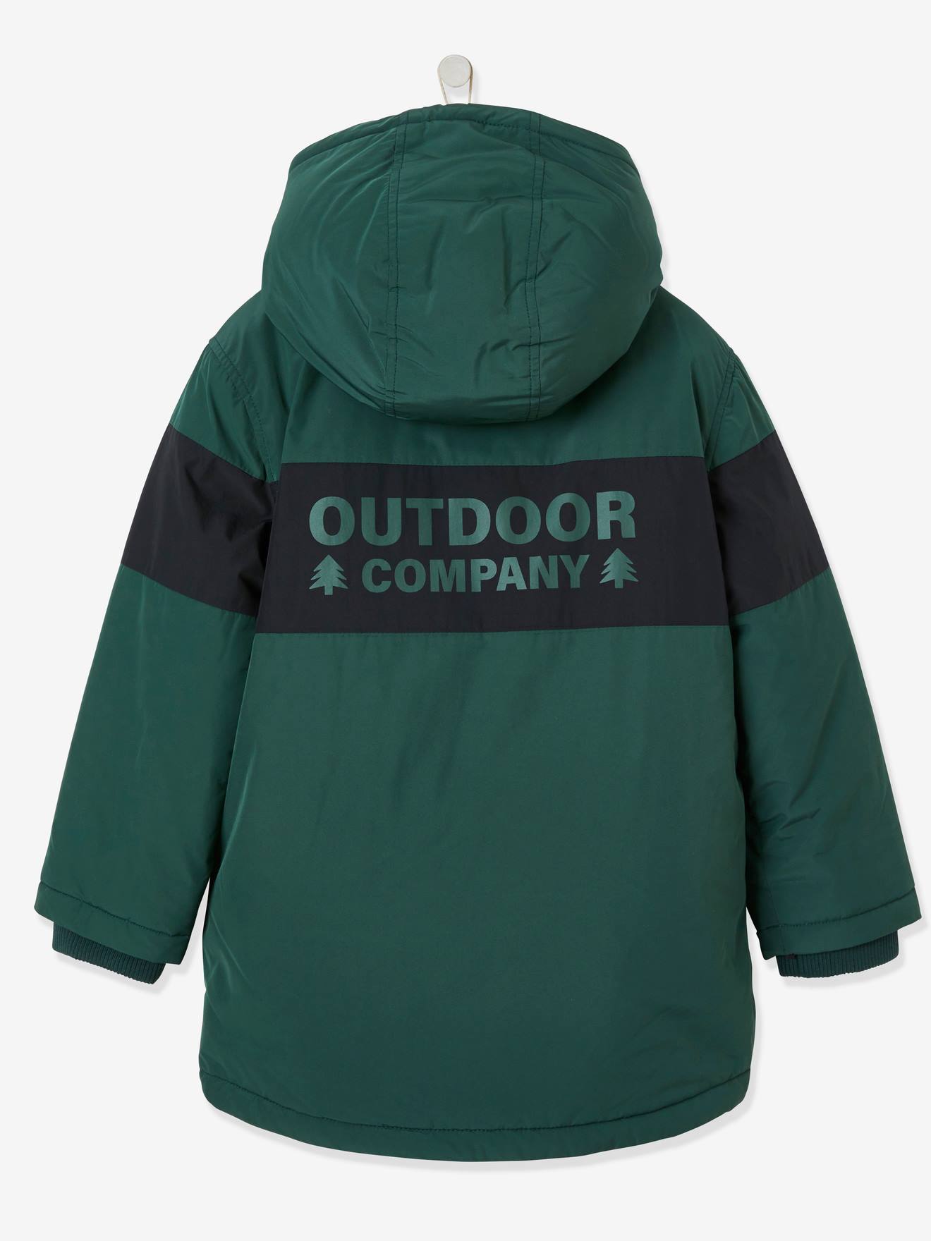 Parka comprida com capuz, colorblock, verde médio, lisa com motivos, para meninos.