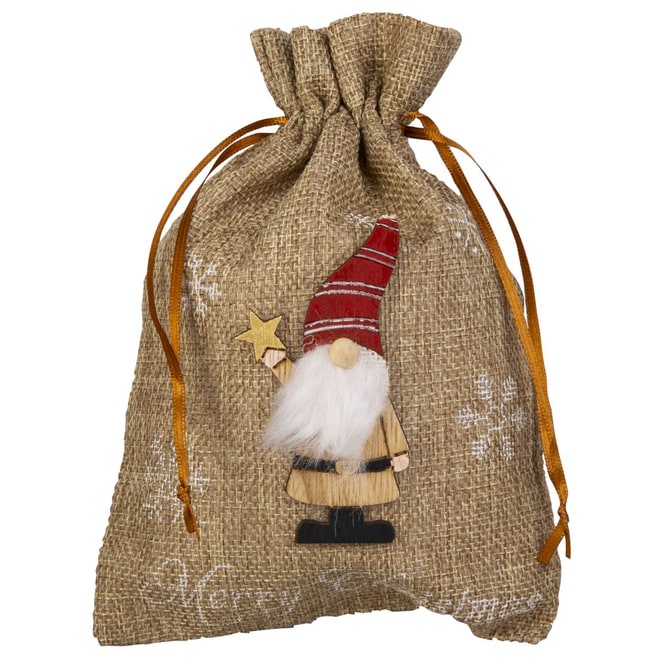 Geschenksäckchen Wichtel - Merry Christmas - braun/rot/weiß - ca. 21 x 14,5 cm