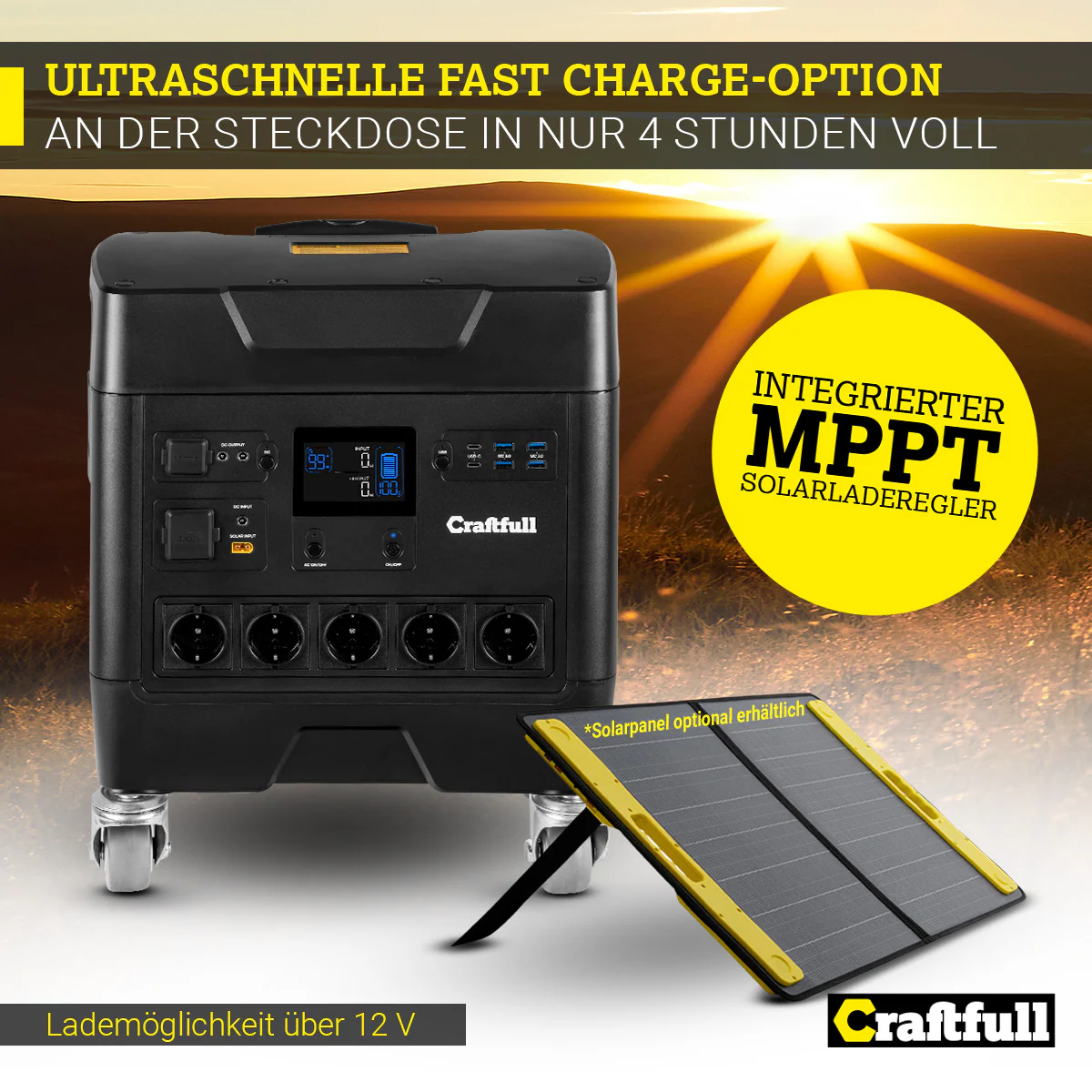 Craftfull Powerstation Fast Charge PS3600, 2.000 Watt, Trolley-Funktion, LiFePO4, USB, 12 V, 230 V (Classic)
