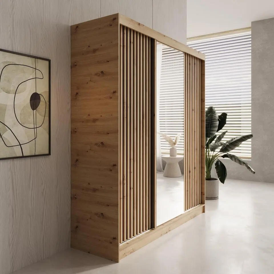 Meubella - Elles - Kledingkast met 3 schuifdeuren - Eiken - 180x60x204 cm