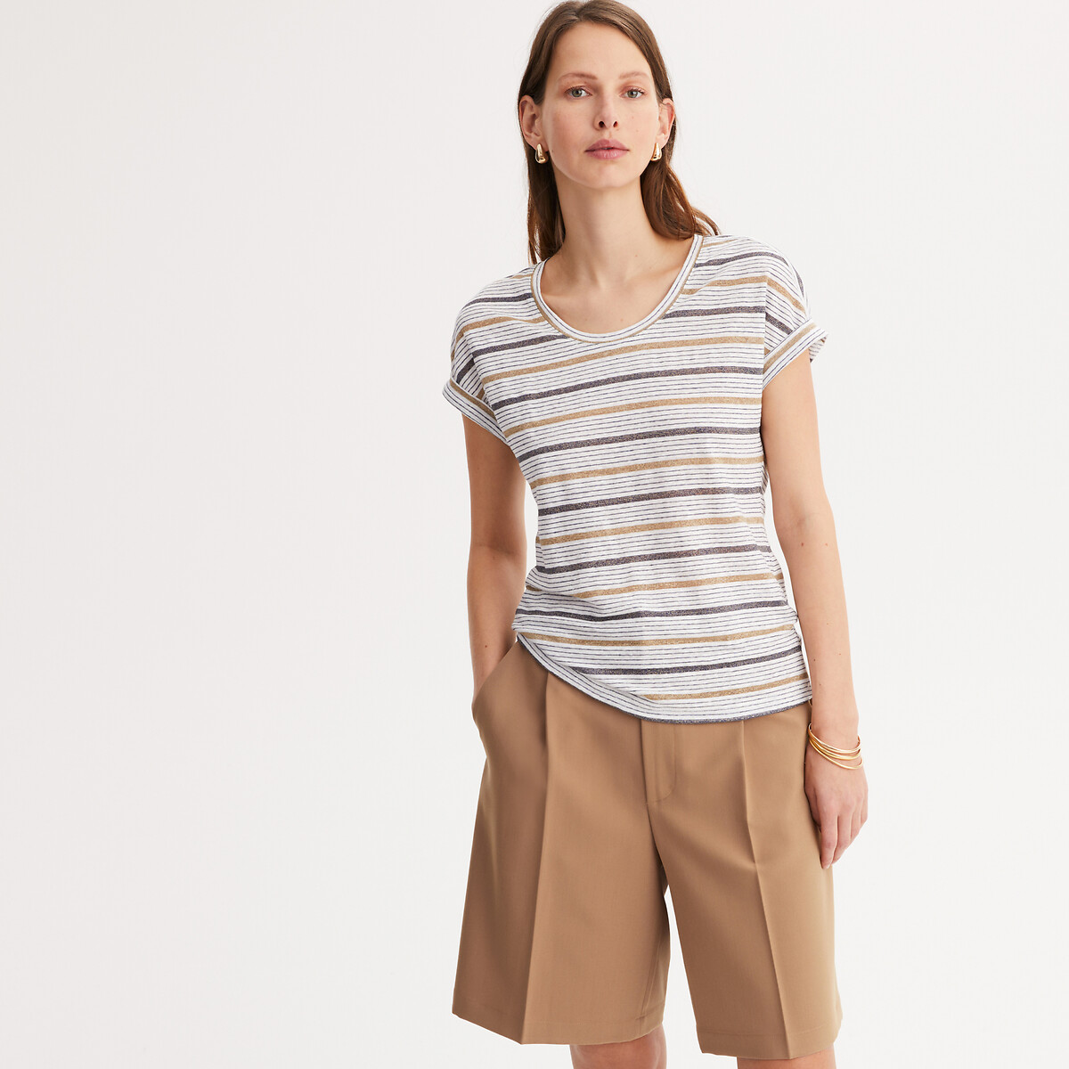 ANNE WEYBURN<br>Camiseta listrada de linho, gola redonda, mangas curtas