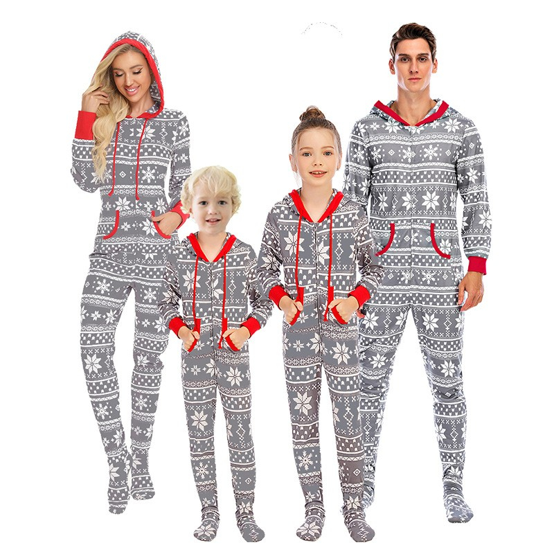 (Gr. M) Herren Christmas Pyjama Overall Winter Jumpsuit mit Kapuze - Grau / Weiss / Rot