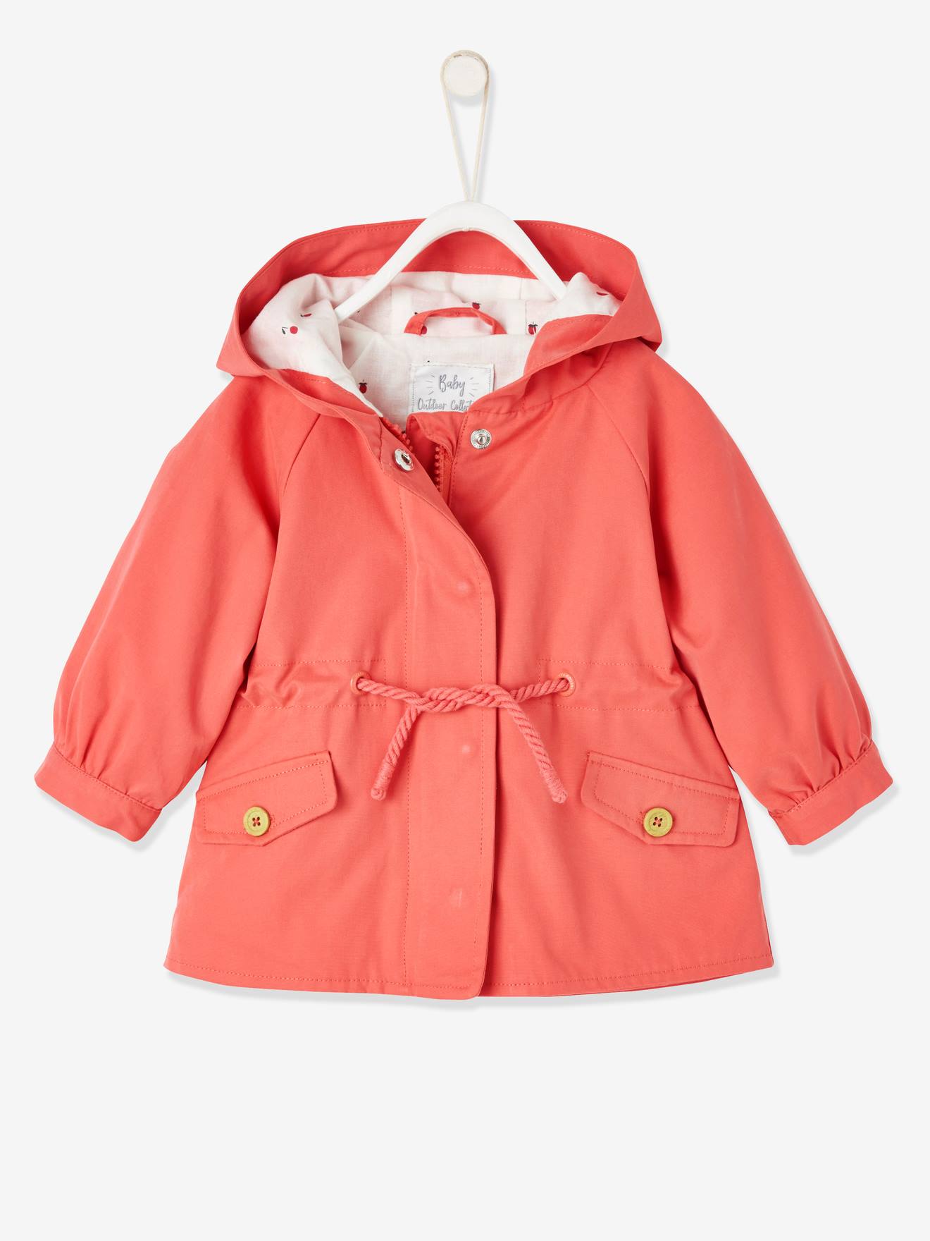 Casaco parka laranja liso com capuz e estampas, tamanho médio, para bebê menina.